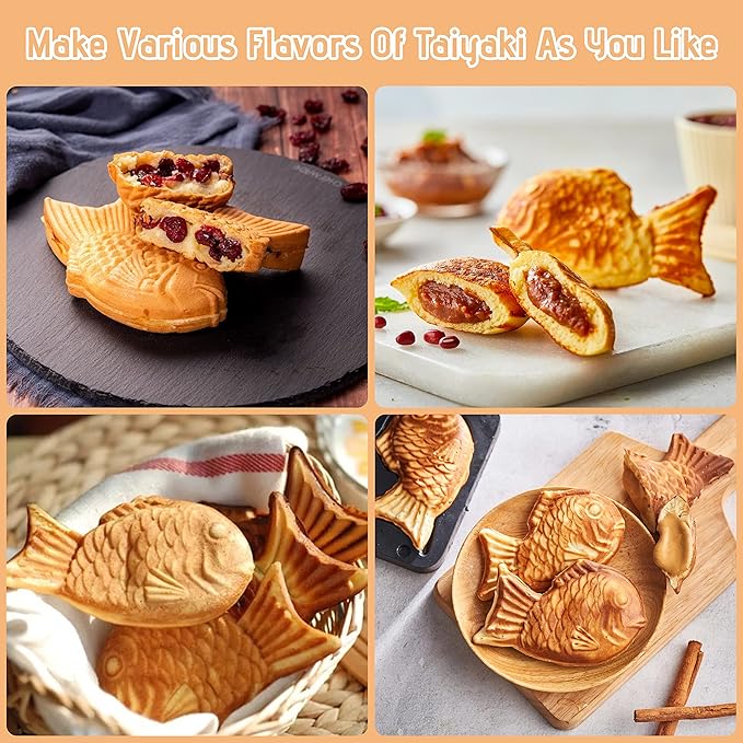 Taiyaki Fish Waffle Maker Machine with Non Stick Cooking Plate, Electric Japanese Fish Shaped Waffle Iron Pan, Korean Bungeoppang Pan, Recipe Included