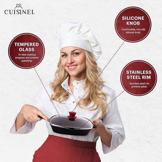 Cuisinel Square Glass Lid for Grill Pans with Steam Vent Hole - 10.5"-inch/26.67cm - Fits Lodge Cast Iron - Fully Assembled Universal Replacement Cover - Tempered and Oven Safe - Reinforced Stainless