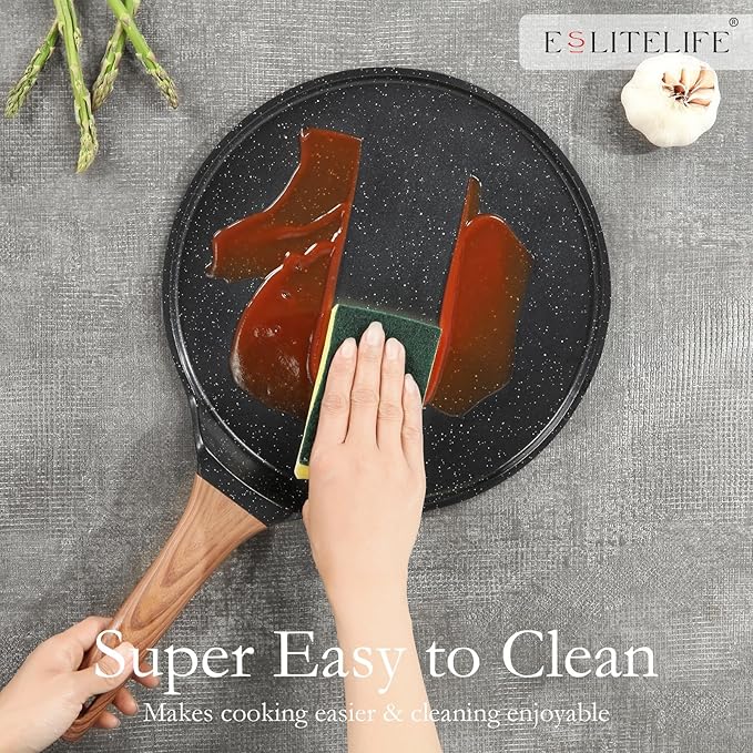 ESLITE LIFE 11 Inch Crepe Pan with Spreader, Nonstick Ceramic Flat Skillet Dosa Tawa Comales Para Tortillas Pancake Pan, PTFE & PFOA Free, Black