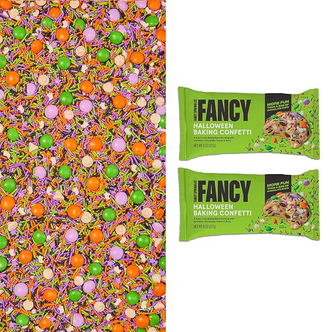 Fancy Sprinkles Limited Edition Halloween Monster Mash Baking Confetti Sprinkles and Chocolate Pieces, Candy-Coated Chocolatey Morsels, Ghost Shaped Confetti Pieces, Vanilla Chips 8 oz Bag (2 Pack)