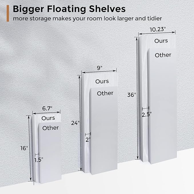 Fun Memories Floating Shelves - 16 Inch Rustic White Wall Shelf - Wall Mounted Shelves for Wall Decor Storage - Wooden Shelves with Invisible Brackets for Living Room, Bedroom, Kitchen, 2 Pack