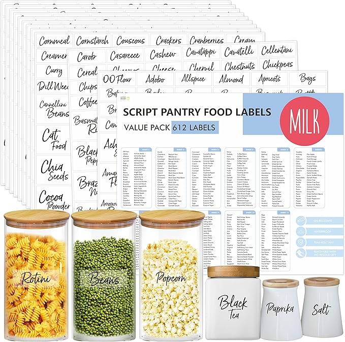 Hebayy 612 Script Pantry Food Labels, Water & Oil Resistant Pantry Label Stickers Food Jar Label for Organization and Storage