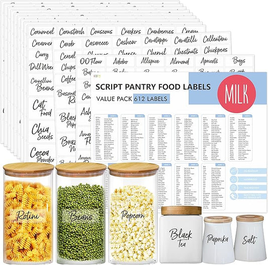 Hebayy 612 Script Pantry Food Labels, Water & Oil Resistant Pantry Label Stickers Food Jar Label for Organization and Storage