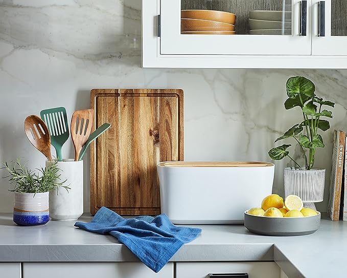 Sonder Los Angeles, Modern Bamboo Fiber and Recycled Plastic Bread Box (White) for Kitchen Countertop with Reversible Cutting Board Lid, Homemade Bread Bin Storage Container 14.25 x 9.25 x 7 in