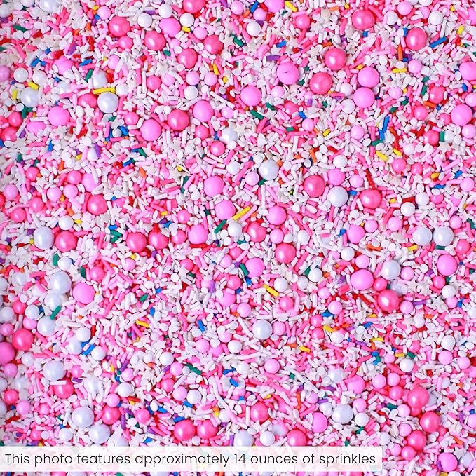 Sprinkle Pop A Frosted Affair Sprinkles Mix| Pink White Sprinkles with Rainbow Pops| Decorating Sprinkles Made in USA for Girl Baby shower Gender Reveal Birthday Cake Cupcakes Donuts Cookies, 2oz