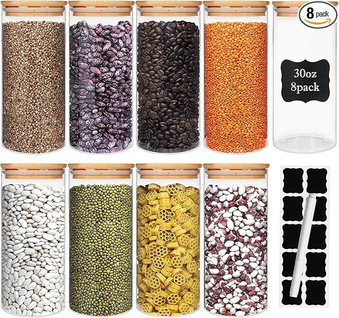Glass Food Storage Containers Jars with Airtight Bamboo Lid 30 oz 8 pcs, 890 ml Pantry Organization Jar, Glass Terrarium with Lid, Spice, Flour and Sugar Container, Canister Set for Kitchen Counter