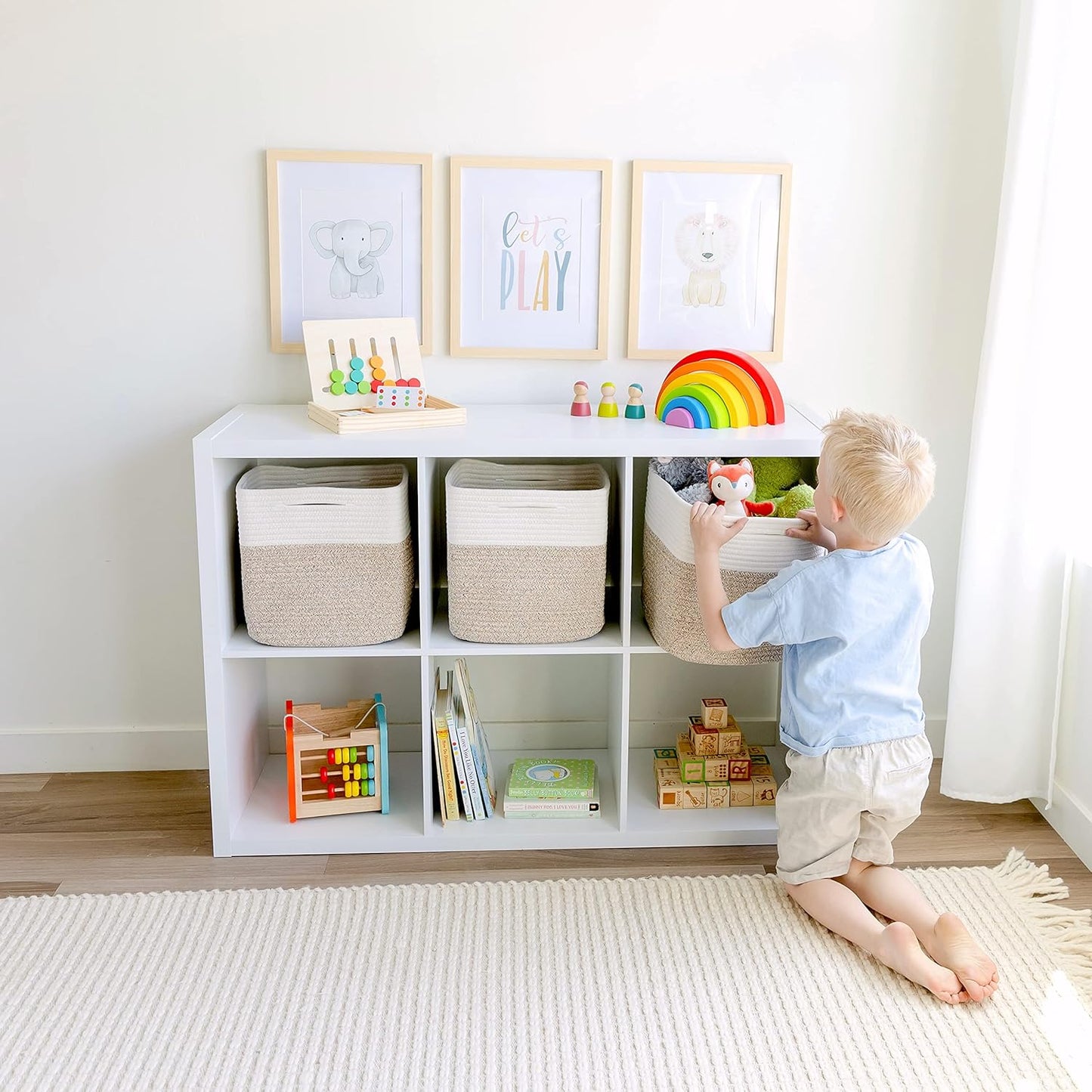 NaturalCozy Storage Cubes 11 Inch Cotton Rope Woven Baskets for Organizing, 3-Pack | Cube Bin Square Shelves Organizer, Classroom, Kids Toy Bins, Closet, Baby Nursery