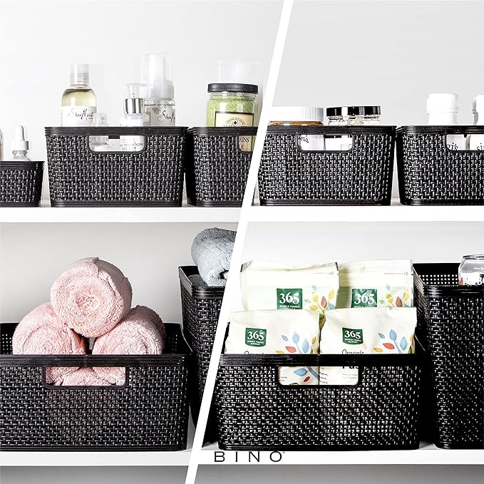 BINO | Woven Plastic Basket | Large (Black), 3-Pack | THE JUTE COLLECTION | Home Organization, Space - Saving Storage, Stylish Design | Jute Basket | Plastic Storage Basket