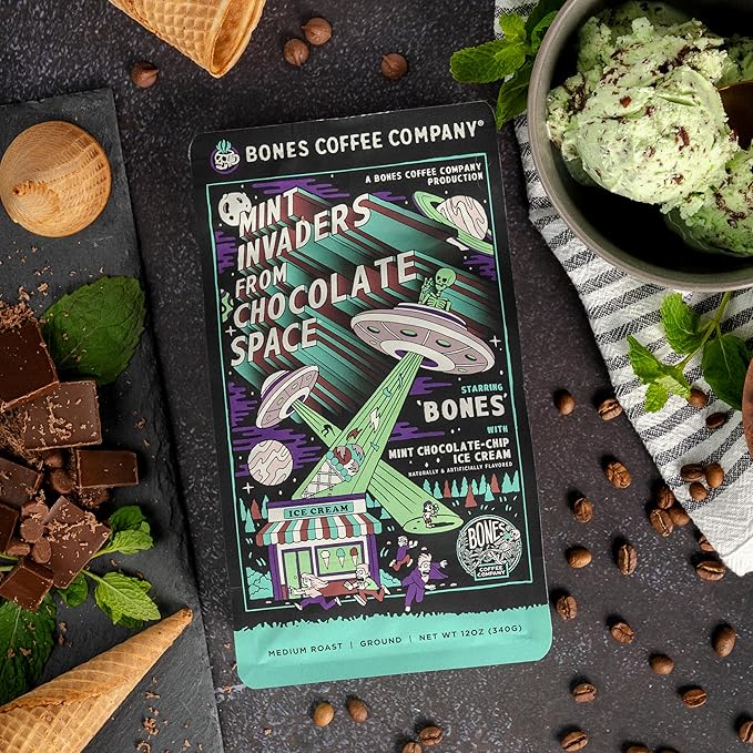 Bones Coffee Company Mint Invaders, Mint Chocolate Chip Flavored Coffee, Medium Roast Low Acid Arabica Beans Compatible with Auto drip and French Press Coffee Maker, 12 Oz Ground