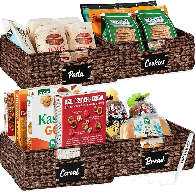 Best Choice Products Set of 4 13x12in Water Hyacinth Pantry Baskets, Woven Organizers w/Chalkboard Label, Chalk Marker - Brown
