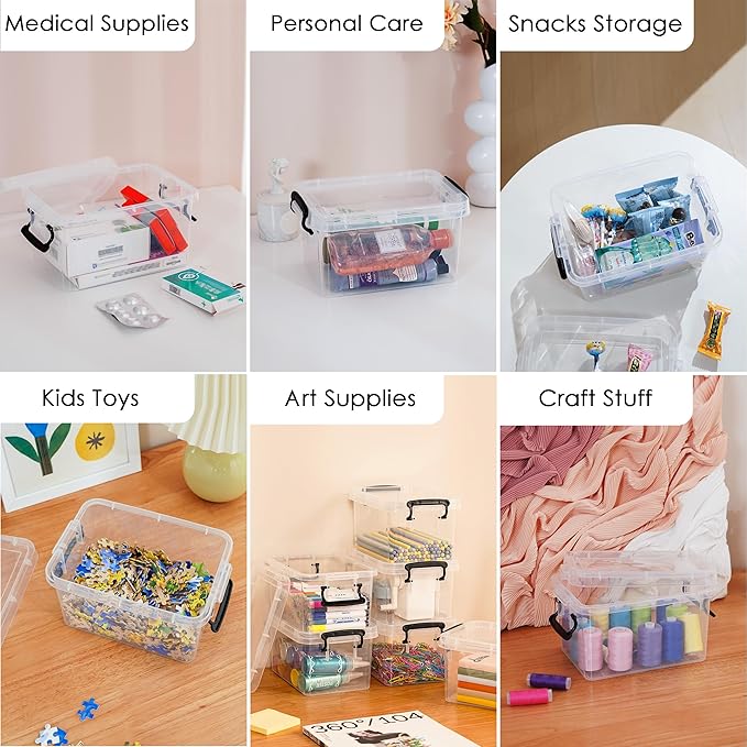 ITYLIFE CITYLIFE 6 Packs 3.5 QT Small Storage Bins with Black Handle Clear Plastic Bins with Reinforce Bottom Stackable Storage Containers for Organizing Art Supply, Craft Stuff, Medicine, Small Toys
