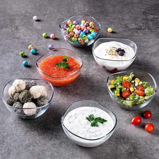 Volarium CRYSTALIA Small Glass Bowls for Kitchen Prep, Modern Round Serving Dishes for Dessert, Salad, Fruit, Pudding, Candy, Cereal, Ice Cream, Stackable Bowls Set of 6 (Large 10 1/2 oz)