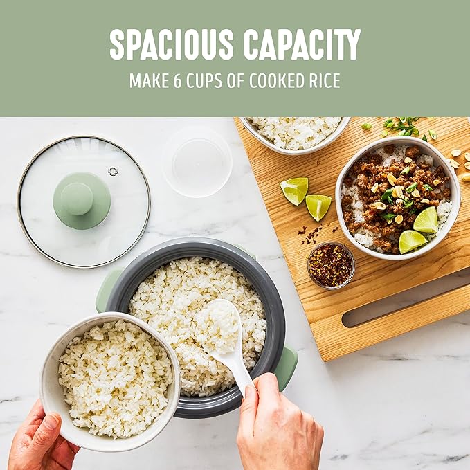 GreenLife Electric Rice Cooker, 3-Cups Uncooked/6-Cups Cooked, Removable PFAS-Free Nonstick Pot, One-Switch Design, Auto Keep Warm, Small Space Saving, Rice Paddle, Soup, Grains, Oatmeal, 1.5 QT, Green