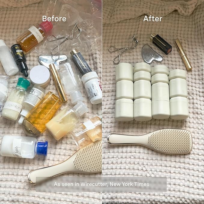 Cadence Travel Containers Basic Skincare Set - Magnetic Containers with Lids,Carry On Travel Essentials For Women/Men - 3 Small Capsules (0.56oz) - Cleanser, Moisturizer & Sun-Icon Labels - Sand