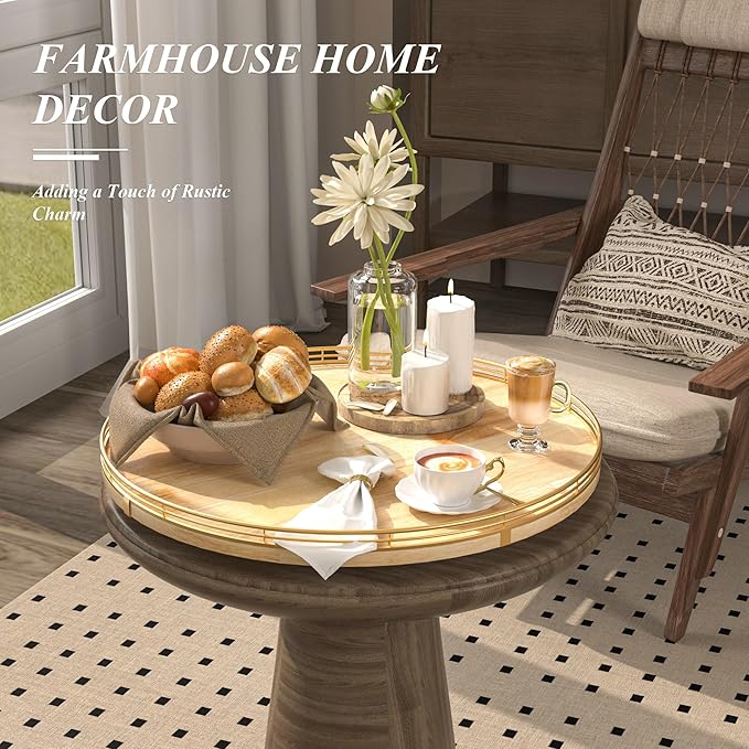 18 Inch Rustic Lazy Susan Turntable – Solid Oak & Iron Wood Rotating Tray for Dining Table, Kitchen Counter, Coffee Table – Farmhouse Style Large Wooden Lazy Susan Organizer for Home Décor