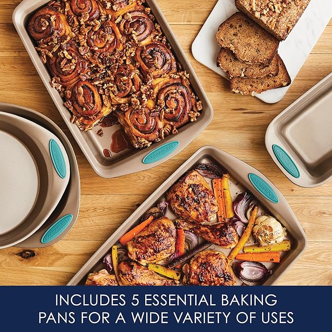 Rachael Ray Cucina Bakeware Set Includes Nonstick Bread Baking Cookie Sheet and Cake Pans, 5 Piece, Latte Brown with Agave Blue Grips