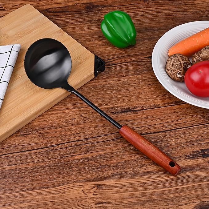 FJNATINH Soup Ladle, Food Grade 304 Stainless Steel Ladle, Large Metal Ladel Kitchen Cooking Soup Spoon Tools with Heat Resistant Wooden Handle, Integral Forming 13.8 Inches