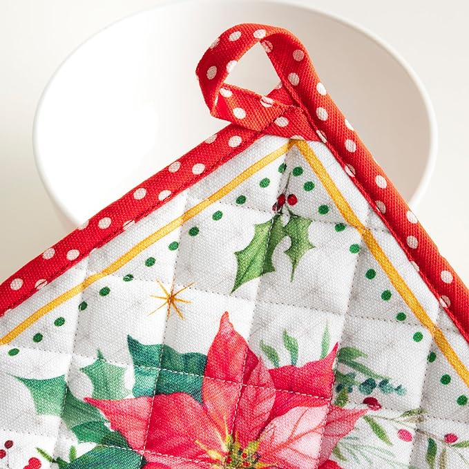 Maison d' Hermine Pot Holders 100% Cotton Heat Resistant Potholders 8" x 8" Hot Pads with Loop BBQ, Cooking, Baking, Grilling, Kitchen, Handling Hot Pans (Pack of 1, Poinsettia Christmas)