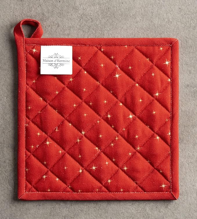 Maison d' Hermine Pot Holders Set 100% Cotton Heat Resistant Potholders 8" x 8" Hot Pads with Loop BBQ, Cooking, Baking, Grilling, Kitchen, Handling Hot Pans (Pack of 2, Noel)