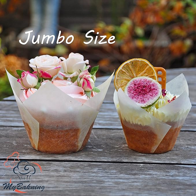Jumbo Extra Large size White Tulip Baking Cups 2-1/4"(Base diameter) x 3-3/4"(Wall height) Greaseproof paper baking cupcake Muffin liners, Case of 130 pcs