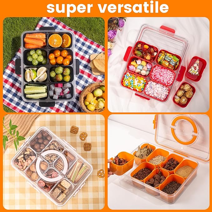 Divided Serving Tray with Lid and Handle - Snackle Box Charcuterie Container for Portable Snack Platters Organizer for Candy, Fruits, Nuts, Snacks - Perfect for Party, Entertaining, Orange