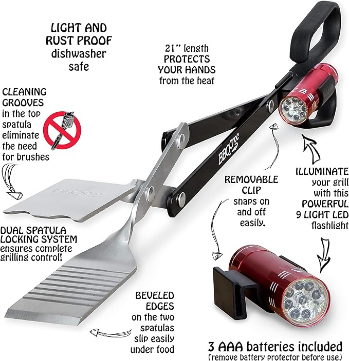 BBQCroc 3-in-1 Barbecue Tool 21-inch - Extra Light and Long Tongs, Spatula and Grill Scraper (Black) (21 inch with Flashlight)