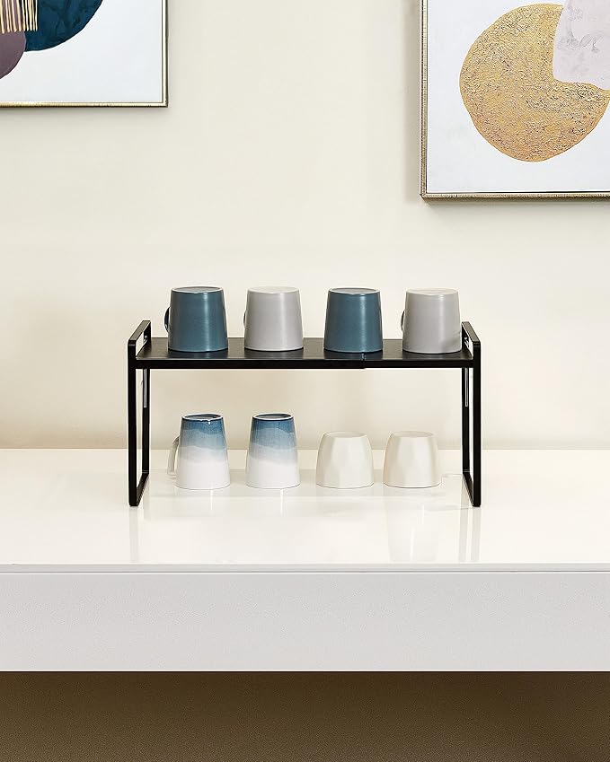 Nxconsu Cabinet Shelf Expandable Height Adjustable Shelf Organizer Riser for Kitchen Cabinet Pantry Cupboard Under Sink Countertop Organization Storage Space Saver Stackable Heavy Duty Metal Black XXL