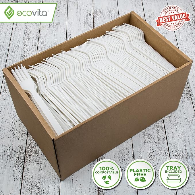 100% Compostable Forks - 500 Large Disposable Utensils (7 in.) Bulk Size Eco Friendly Durable and Heat Resistant Alternative to Plastic Forks with Convenient Tray
