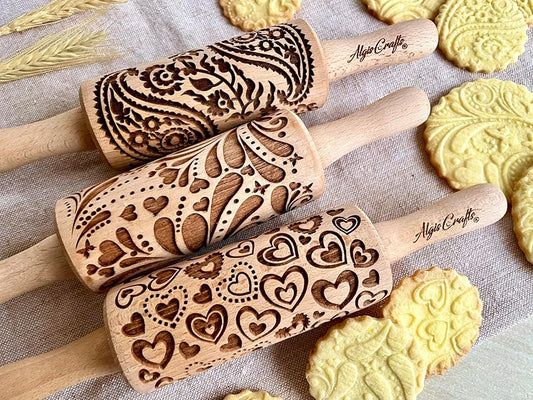 LOVELY DAY 3 KID Rolling Pin SET with HEART, PAISLEY and SPRING patterns. Wooden Laser Cut Mini embossing Rolling Pins for cookies, play dough, salt dough or clay by Algis Crafts