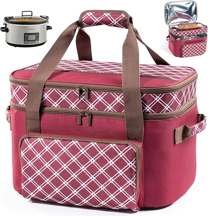 Double Layer Slow Cooker Carrier Bag – Fits 6–8 Qt Oval Slow Cooker Compatible with CrockPot & Hamilton Beach | Insulated Travel Tote with Utensil Storage & Adjustable Straps