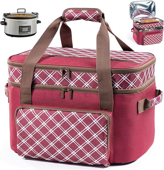 Double Layer Slow Cooker Carrier Bag – Fits 6–8 Qt Oval Slow Cooker Compatible with CrockPot & Hamilton Beach | Insulated Travel Tote with Utensil Storage & Adjustable Straps
