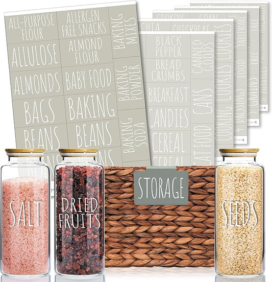 Hygge & Sage Pantry Labels for Containers Preprinted - 180 Waterproof Labels, Durable, Removable Kitchen Stickers, Clear with White Print. Perfect for use on Basket Labels, Pantry, and Refrigerator.