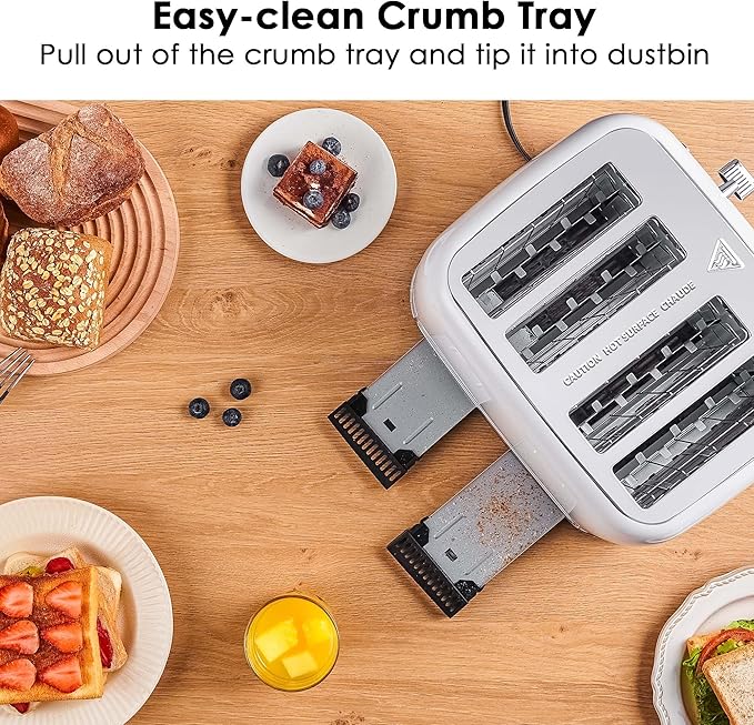 Toaster 4 Slice Retro Stainless Steel with Extra Wide Slots Bagel, Defrost, Reheat Function, Dual Independent Control Panel, Removable Crumb Tray, 6 Browning Levels, White