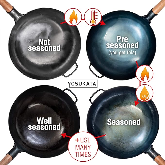 YOSUKATA 14” Round Bottom Carbon Steel Wok Pan – Blue Pre-Seasoned Pow Wok for Stir Fry, BBQ, Grill & Camping – Traditional Japanese & Chinese Cookware – Compatible with Gas Stoves & Open Fire Only