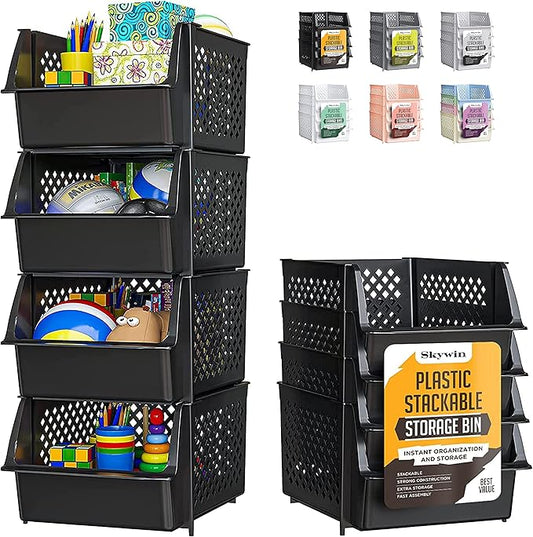 Skywin TidyFriend Stackable Storage Bins for Pantry, 4 Pack Stackable Bins For Organizing Food, Kitchen, and Bathroom Essentials (Black)