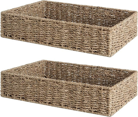 StorageWorks Large Seagrass Tray for Bathroom, Seagrass Storage Baskets for Shelves, Handwoven Natural Wicker Baskets for Organizing, 2-Pack