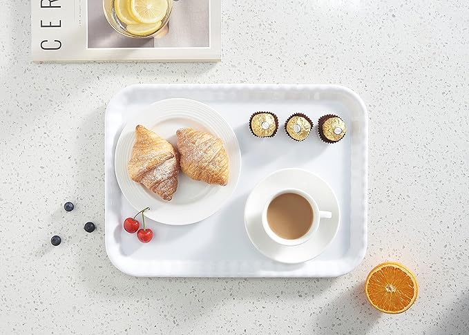 Blue Boat 15" x 11" Rectangular Serving Trays Set of 4 White, Melamine Serving Platter, Light Weight Easy to Clean Sturdy Stackable BPA-Free Dishwasher Safe