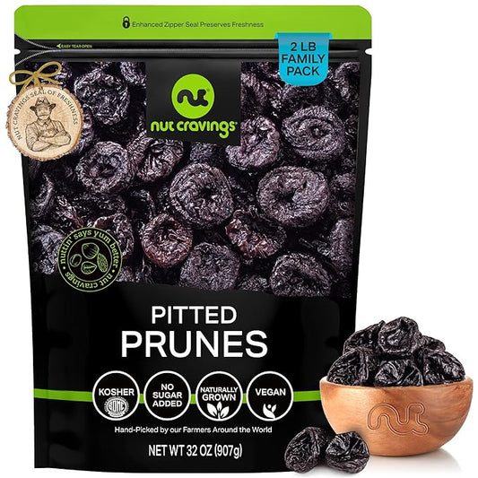 NUT CRAVINGS - Dried Prunes Pitted Unsweetened, Dry Plums No Sugar Added (32oz, 2 LB) Bulk Dry Fruits Packed Fresh in Resealable Bag - Sweet Healthy Snack, Naturally Grown, Vegan, Kosher