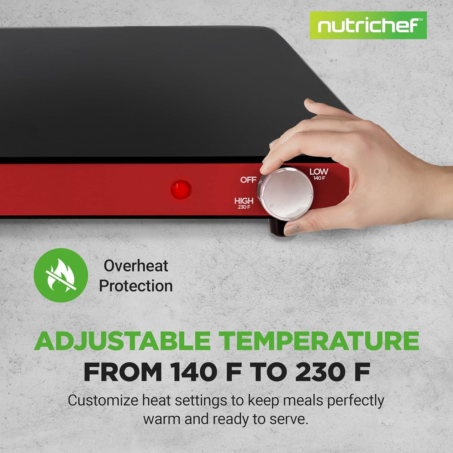 NutriChef Electric Warming Tray | Glass Surface Hot Serving Tray | Adjustable Temperature 140°F to 230°F | Energy Efficient & Space Saving | Perfect for Buffets,Parties & More | 21.2 x 16.5 IN | Red
