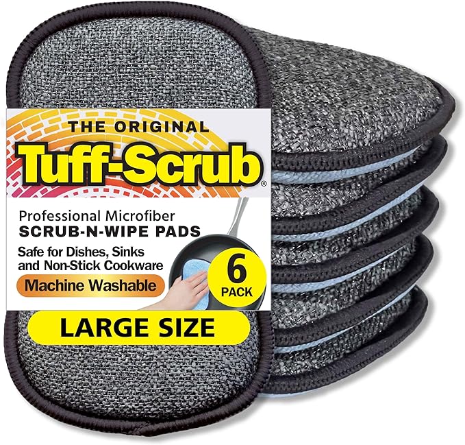 Original Scrub-N-Wipe Pad by Tuff-Scrub, 6-Pack, Microfiber, Multi-Surface, Non-Scratch, Dual-Sided, Scrubber for Dishes, Sinks, Non-Stick Cookware – Machine Washable, Durable Kitchen Sponge (Large)