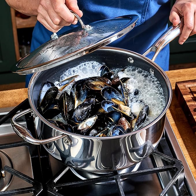 HexClad Hybrid Nonstick 5-Quart Saucepan with Tempered Glass Lid, Stay-Cool Handle, Dishwasher-Friendly, Oven-Safe Up to 900°F, Induction Ready, Compatible with All Cooktops