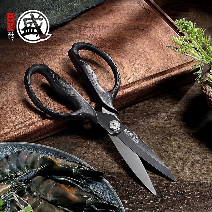 MITSUMOTO SAKARI Japanese Kitchen Scissors, All Purpose, Black Titanium Plated Heavy Duty, Multipurpose Cooking and Herb Scissors with Micro Serrated Edge