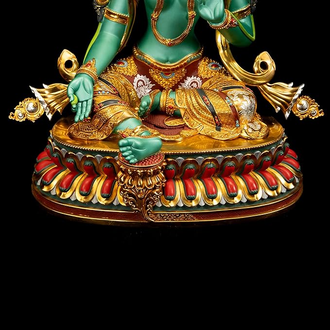 Handmade Copper Buddha Statue Indoor, Green Tara Buda Sculpture for Home Decor, Hand-Painted Colored Buddhist Budda,14.17"