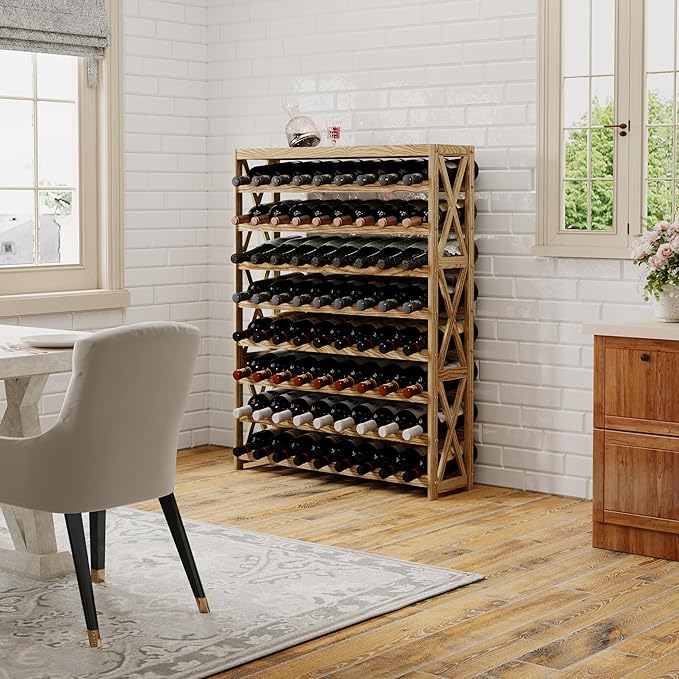 Solid Wood Wine Storage Racks with Tabletop, Free Standing Floor Wooden Wine Rack, Premium Wine Storage Rack Display and Organizing for Kitchen and Cellar 8 Tier 72 Bottles