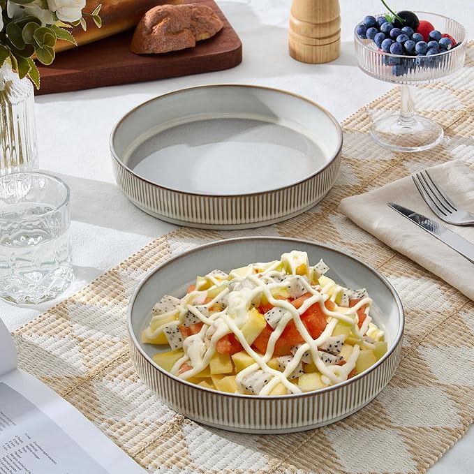 E-far Pasta Bowls Set of 4, 35oz Large Salad Bowl Plate for Dinner Serving Soup, Wide & Shallow Ceramic Stoneware Pasta Plates, Microwave & Dishwasher Safe, Reactive Glaze Texture-Stripe, Creamy Beige