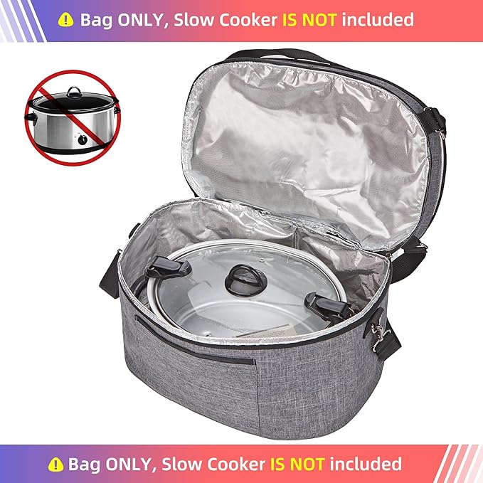 HOMEST Slow Cooker Bag for Crock-Pot 6-8 Quart, Insulated Travel Carrier with Easy to Clean Lining, Carry Case with Top Zip Compartment and Accessory Pocket