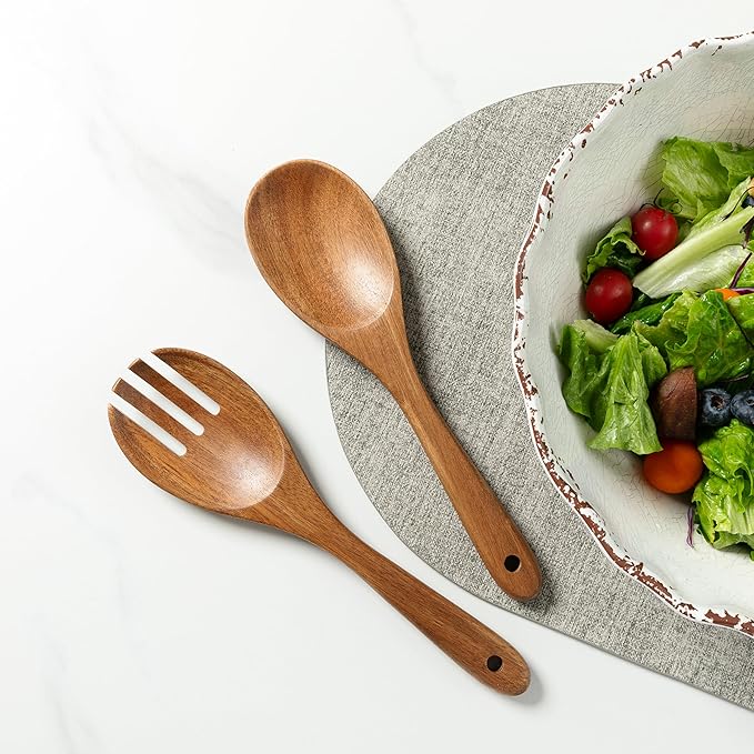 Wood Salad Servers, 10.5-inch Salad Spoon and Fork Serving Set, Set of 2 Wood Salad Serving Set, Wood Salad Tongs Salad Serving Tossing Utensils for Kitchen Stirring Mixing and Cooking