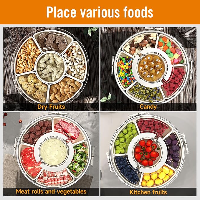 Small Divided Rotating Serving Tray with Lid and Handle,Portable Snackle Box Container,Spinner Organizer and Storage for Adults,Child,Fruits,Candy,Nuts,Veggie,Charcuterie,Snacks,Picnic,Travel, Party