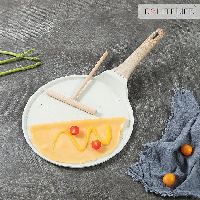 ESLITE LIFE 9.5 Inch Crepe Pan with Spreader, Nonstick Ceramic Flat Skillet Dosa Tawa Comales Para Tortillas Pancake Pan, PTFE & PFOA Free, White