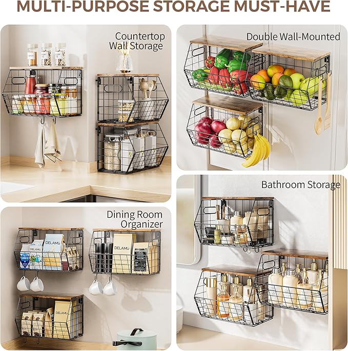 Delamu 3 Pack Stackable Metal Fruit Basket with Wood Lid-Wall Mounted&Countertop Organizer for Kitchen,Pantry- Ventilated Storage for Onions,Potatoes,Fruits,Spices,Black